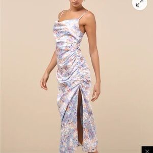 Lulus Truest Romance Slate Floral Print Sleeveless Ruched Midi Dress Small